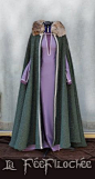 Full viking costume made of a woolen fabric cloak with real fur collar and a long-sleeves dress of purple light woolen fabric laced at the back and