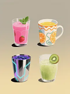 四个完全不同风格、不同造型的果汁系列素材集合，规整排布在纯色背景上。第一个是极简主义风格，透明玻璃杯装着亮粉色草莓汁，杯口点缀一片薄荷叶，背景为淡灰色；第二个是复古插画风格，带有波浪花纹的陶瓷杯里盛着橙黄色橙汁，杯身有手绘橙子图案，背景是米黄色；第三个是赛博朋克风格，棱角分明的金属杯装着蓝紫色蓝莓汁，杯身有发光线条装饰，背景为深黑色；第四个是水彩手绘风格，磨砂玻璃杯里是浅绿色猕猴桃汁，杯壁有水滴效果，背景是淡黄色。每个杯子造型独特，色彩鲜明，整体布局整齐对称，充满设计感。