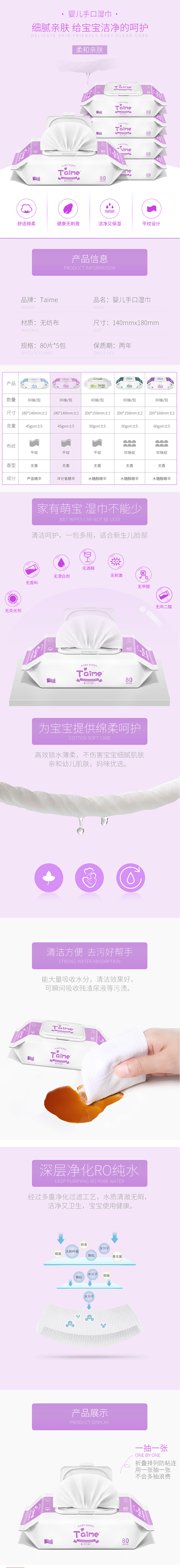 Taime婴儿手口湿巾80抽5包带盖新生...