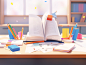 Open book on white desk with school supplies 3d stock photos, in the style of rendered in unreal engine, cartoon compositions, 8k resolution, atey ghailan, hyper-realistic oil, lively storytelling, mathematical precision