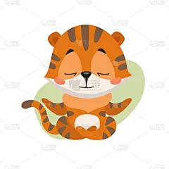 独立矢量插图的卡通老虎幼崽冥想在莲花的位置。图像在有趣的平面风格为印刷和数字使用。