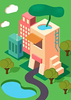 创意小清新立体25D等距建筑场景插画AI+PSD+GIF设计素材模板