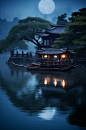 AI数字中秋节月亮水面思乡氛围摄影图-众图网