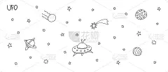 星空与宇宙物体设置。白色背景上的黑色轮廓元素。手绘涂鸦。飞碟、行星、飞碟、太空船、卫星等。空间集合。