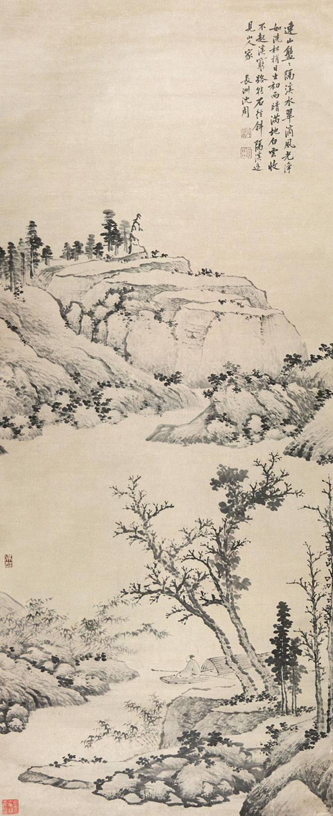 沈周——《远浦（捕）归舟》【连山盘盘隔溪水,翠滴风光净如洗。松梢日出初雨晴,满地白云收不起。溪穷路转石径斜,隔溪遥见山人家】人物山水 立轴欣赏 ...