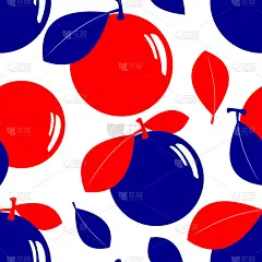 苹果和橘子。纺织和纸制品无缝时尚图案。蓝色和红色的水果在白色的背景。向量。