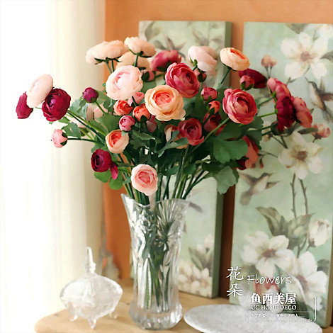 法国唯美玫瑰+水晶玻璃花瓶仿真花套装