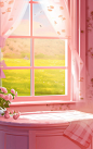 pink room with a window and flowers, in the style of photobashing, cartoon mis-en-scene, soft, romantic landscapes, organic material, glazed surfaces, pure color, 3840x2160