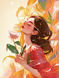 38女王节手绘风格插画／唯美浪漫美女和花朵