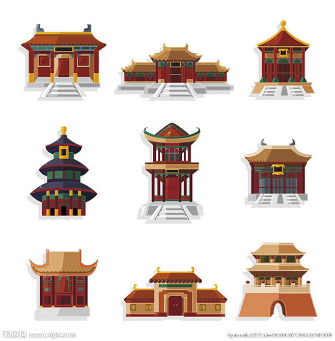 中国古典建筑物卡通风格矢量图