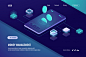 Accounting money, isometric online bank, horizontal banner of mobile application for cryptocurrency Free Vector