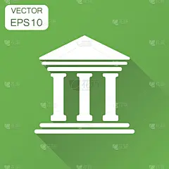 银行大楼图标。商业概念银行象形图。矢量插图上的绿色背景和长阴影。