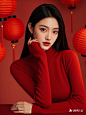 红色新年氛围背景加红色衣服医美美女模特 大气轮廓清晰高级 大师级构图