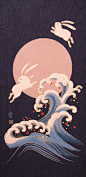 Japanese fabric panel. The Japanese believe you see two Usagi (rabbit) in the moon pounding mochi (pounding rice), instead of a man in the moon.: 