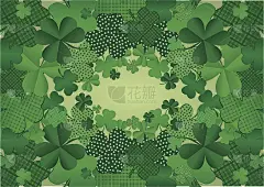 许多装饰性的三叶草。桌子上放着一堆五颜六色的特列斯特尼科夫。矢量插图。贺卡与空白文字或广告。在白色的