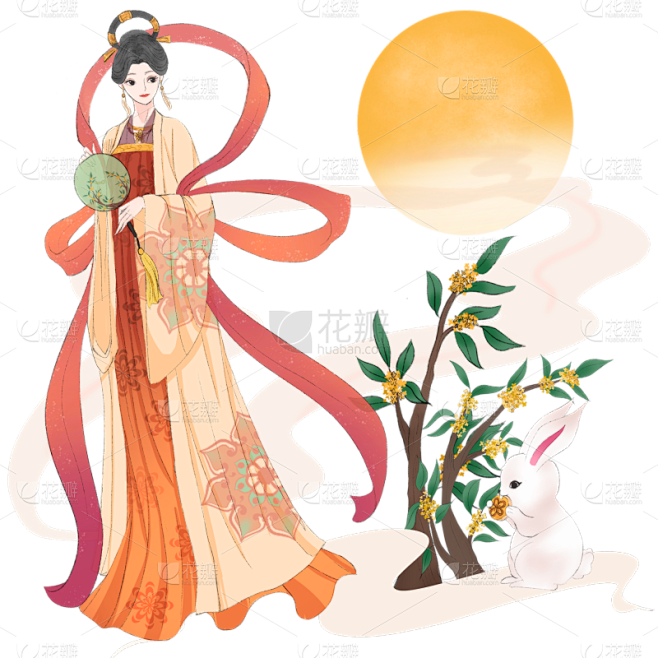 中秋节人物插画-嫦娥玉兔桂花
