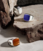 Exotic Stone signet rings in sterling silver with black onyx, lapis lazuli or tiger’s eye, on stones of various heights.