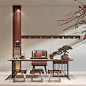 新中式茶室，茶台，编藤单椅，亚克力凳子，盆景，茶具，雕塑摆件-室内设计-拓者设计吧