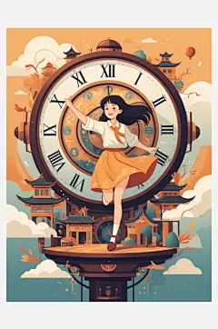 数字艺术插画版画海边女孩线条画扁平风装饰-众图网