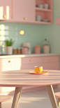a 3d render of a minimal pastel shade retro kitchen interior, vibrant, monotone, bright ambiance, in foreground table in focus, minimal and clean