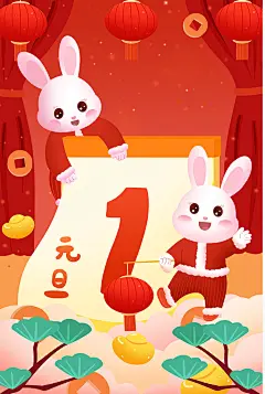 小兔子贺新年元旦新年兔年人物插画