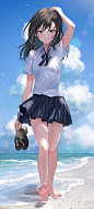 海边 打赤脚的女孩 黑色短裙 动漫美女手机壁纸_彼岸手机壁纸