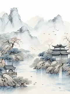 中国传统山水以浅灰色细线纹理为背景，以古老的纸质纹理为特色，