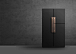 Wooden handle matte black minimalist refrigerator design.