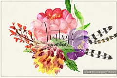 复古花卉和浆果水彩插画素材 Vintage flowers &amp; berry Watercolor-设计元素-@美工云(meigongyun.com)