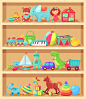 Lovely Toys : Kids cartoon toys. Baby doll, train on railway, ball, cars, boat, boys and girls fun isolated plastic toy vector collection