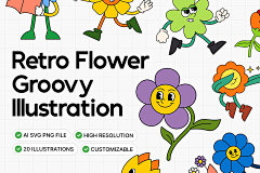 复古卡通拟人花朵花卉装饰插图插画png免抠图设计素材 Retro Flower Groovy Illustration Set - 格外视觉(uigui.cn)-国外高品质设计素材共享网