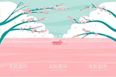 春天桃花风景  - 源文件下载【酷图网】湖面,春天,桃花,小船,风景,