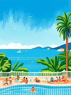 水彩插画，手绘风格，细腻，夏日，海边，游泳池，游泳玩耍的人