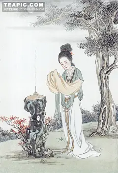 仕女图—月下烧香的古代女子
