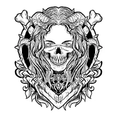黑白手绘插画恶魔女性骷髅面具雕刻装饰品