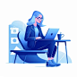 woman developer sitting in front of laptop 2d avatar blue grey tones