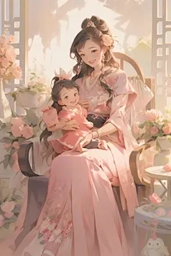 和谐温柔母亲节油画风插画