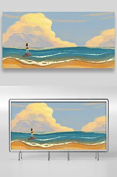 沙滩海浪手绘插画设计