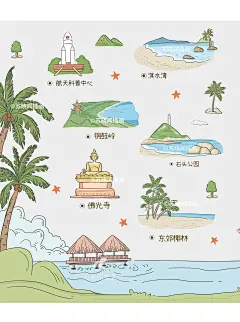 海南文昌龙楼镇酒店三折页插画设计手绘地图  可定制同款