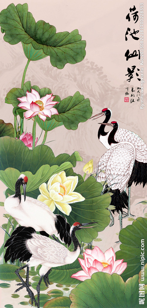 花鳥仙鶴圖 仙鹤 荷花 国画仙鹤 工笔仙鹤 仙鹤图 荷花仙鹤图 年画 一群仙鹤 立体画