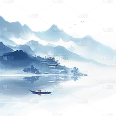 中国风通用蓝色水墨山水组合元素素材