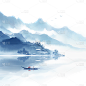 中国风通用蓝色水墨山水组合元素素材