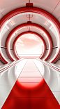 Red shiny futuristic tunnel with a red and white carpet, in the style of light gray and light bronze, high resolution, richard meier, circular shapes, windows vista, industrial and product design, vibrant, high-energy imagery