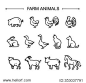 Farm animals, thin line style, flat design