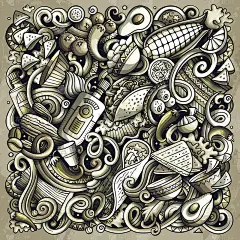 墨西哥美食手绘矢量涂鸦插画。海报设计的美食。墨西哥菜单元素和对象卡通背景。单色的有趣的图片。所有项目