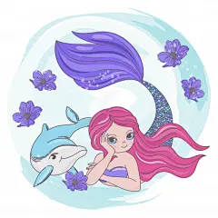美人鱼和小海豚海卡通插画矢量图设计素材