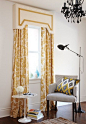 Clean-lined upholstered valence  contrasting a traditional, ornate fabric. | House & Home