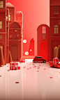 A red scene with a red street with green paper, in the style of 8k 3d, festive atmosphere, vray, playful character designs, light red and gold, minimalist still life, packed with hidden details
