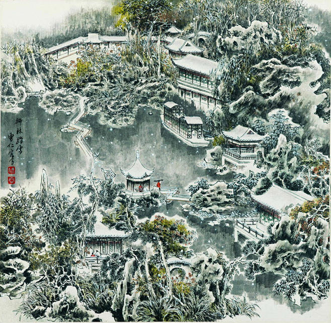 曹仁容水墨山水画江南园林