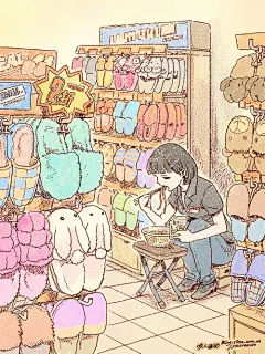 咬人画的-又是工作餐


也许是对吃的比较在意吧，去商场总是能见到吃工作餐的人。
这一次是一家很小的拖鞋店。
晚饭时间，见到店员蜷缩在鞋架的一个角落，
在各色毛茸茸的棉拖鞋环绕下，吃着煮面配榨菜。
店员只有一人，或许就是店老板，
所以不能撇开自己的小店到外面吃饭...
我进店里看了看，卖的拖鞋都很贵，于是又默默的出来了。